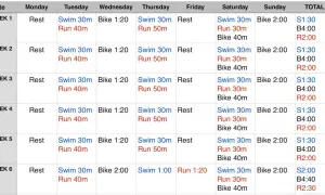 A 6-week triathlon training plan for beginners, detailing swim, bike, and run sessions for each day.