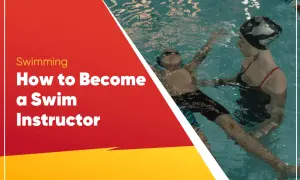 A swim instructor guides a young boy in the water. Learn how to become a swim instructor and share your passion for swimming.