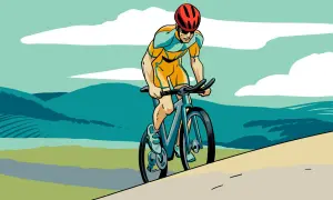 Cyclist in orange and blue gear, focused on their 10 week sprint triathlon training plan, races through a stylized landscape of rolling hills and clouds.