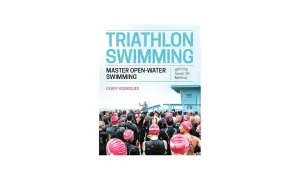 Book cover for "Triathlon Swimming" by Gerry Rodrigues, featuring a crowd of swimmers in wetsuits and caps preparing for open-water training.