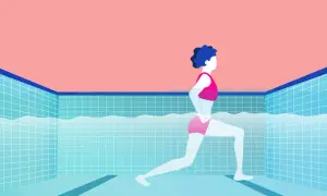 A person in pink swimwear performs a lunge in a tiled pool, showcasing effective swim fitness.