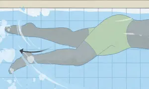 Illustration of a swimmer's legs demonstrating the freestyle kick technique. The legs are in a flutter motion, propelling the swimmer forward.