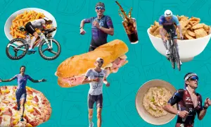 Triathlon nutrition: Athletes race past pasta, pizza, sandwiches, cereal, and rice dishes, fueling their endurance.