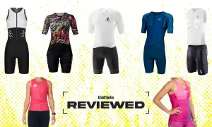 A collection of triathlon clothing, including full suits and separates in various colors and styles, ready for review.