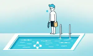 A boy stands by a pool, holding goggles and a towel, looking worried. A molecular structure floats in the water, hinting at chlorine sensitivity.