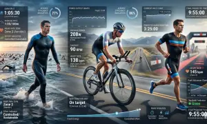 A triathlon athlete transitions from swimming to cycling, then to running, with real-time performance data displayed, showcasing a projected finish time of 9:55:00.