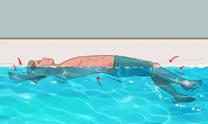 Illustration showing how to float on your back in water. Red arrows indicate subtle movements to maintain balance.