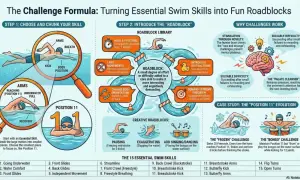 Learn to swim in a week by breaking down skills like "Position 11" and adding fun "roadblocks" to make practice engaging.