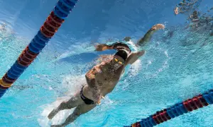 Underwater view of a swimmer performing the backstroke, with lane lines visible. Learn backstroke tips from this powerful stroke.