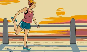 Woman stretching her leg during sprint triathlon training at sunset.