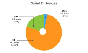 Pie chart showing sprint triathlon distances: 12.4 miles bike, 3.1 miles run, 0.5 miles swim.
