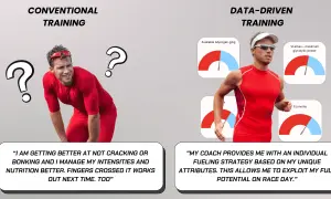 Two athletes, one confused with question marks, the other running with data charts. Learn triathlon tips for data-driven training.