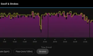 A graph showing swimming strokes over time. A good swolf score is indicated by lower numbers, suggesting efficiency.