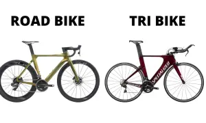 A gold road bike and a red tri bike are shown side-by-side, highlighting their distinct frame designs and handlebars for different cycling disciplines.