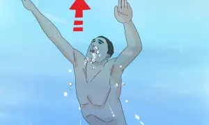 A swimmer demonstrates how to breathe in water, with an upward arrow indicating movement. Bubbles surround their face.