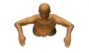 A bald man with muscular arms outstretched, resembling butterfly arms in a swimming pose.