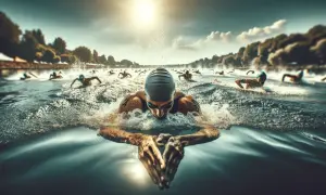 Swimmers in a triathlon race, performing the breaststroke. The sun shines brightly on the water as athletes push through the waves.