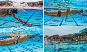Four swim strokes captured underwater: freestyle, backstroke, and breaststroke. A swimmer glides through the blue water of a pool.