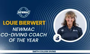 Louie Bierwert, NEWMAC Co-Diving Coach of the Year, smiles.