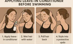 Learn how to protect hair from chlorine by applying leave-in conditioner, wetting hair, pulling it back, and styling into a protective updo.