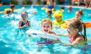 Children joyfully participate in swim games in a pool, splashing and laughing with inflatable rings.