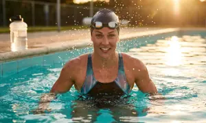 A swimmer emerges from the pool, water droplets flying. She smiles, her muscles defined. Do you sweat when you swim?