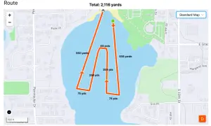 A map shows a route with various distances, totaling 2,116 yards. The route zigzags across a body of water, with segments labeled 650, 350, 75, 550, and 65 yards.