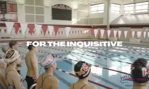 Young swimmers in a pool, ready for competitive swim lessons. The text "FOR THE INQUISITIVE" is prominent.