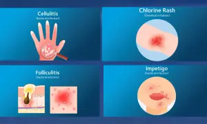 Illustrations show skin conditions: Cellulitis on a hand, Chlorine Rash on an arm, Folliculitis in skin layers, and Impetigo on a face. Can you swim with impetigo? No.