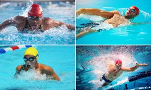 Four swimmers showcase different strokes. One performs the butterfly, another the freestyle, a third the breaststroke, and the last is underwater, possibly executing the best stroke for speed.