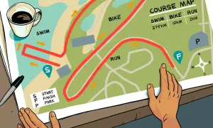 Course map showing swim, bike, and run routes. Distances are listed: 375km swim, 10km bike, 2km run, hinting at ultra Ironman distances.