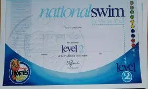 A swim certificate for National Swim Award Level 2, featuring Kellogg's Frosties ASA Awards Scheme.