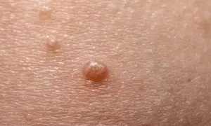 Close-up of skin with molluscum contagiosum lesions. The question of whether chlorine kills molluscum contagiosum is a common concern for those affected.