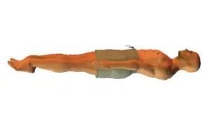 A person floats on their back, legs extended, arms resting on their chest. This is a starting position for learning what is elementary backstroke.