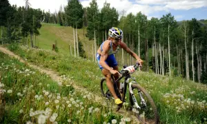 Athlete competes in a challenging mtb triathlon, navigating a grassy, dandelion-filled trail through a forest.