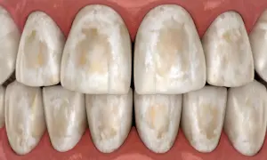 Close-up of stained teeth, showing discolored enamel with brown and white patches, reminiscent of swimmers teeth.