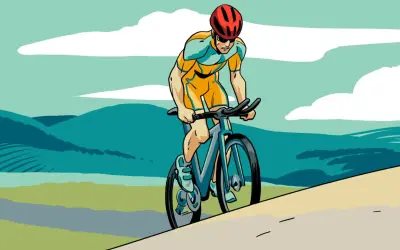 Cyclist in orange and blue gear, focused on their 10 week sprint triathlon training plan, races through a stylized landscape of rolling hills and clouds.