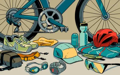 Ready for a triathlon! Cycling shoes, goggles, a helmet, sunglasses, and a water bottle are laid out with a bike.