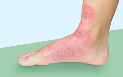 Red, inflamed skin covers the top of a foot and ankle, extending to the big toe. This condition, often called swimmer's toe, looks painful.