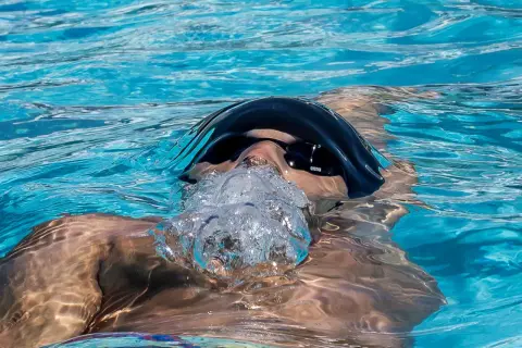 A swimmer exhales bubbles, showing that you can swim with a scraped knee.