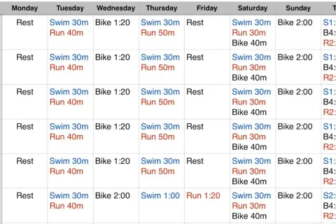 A 6-week triathlon training plan for beginners, detailing swim, bike, and run sessions for each day.
