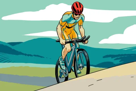 Cyclist in orange and blue gear, focused on their 10 week sprint triathlon training plan, races through a stylized landscape of rolling hills and clouds.