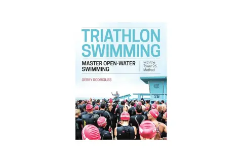 Book cover for "Triathlon Swimming" by Gerry Rodrigues, featuring a crowd of swimmers in wetsuits and caps preparing for open-water training.