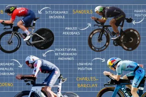 Four cyclists demonstrate different tri bike positioning techniques, from Knibb's forward saddle position to Sanders' aggressive, low head stance.