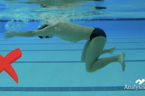 A swimmer demonstrates an incorrect breaststroke kick, with knees splayed outwards. A red X marks the error.