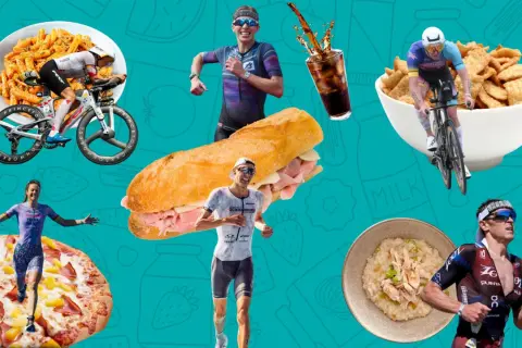 Triathlon nutrition: Athletes race past pasta, pizza, sandwiches, cereal, and rice dishes, fueling their endurance.