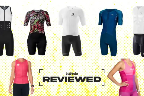 A collection of triathlon clothing, including full suits and separates in various colors and styles, ready for review.