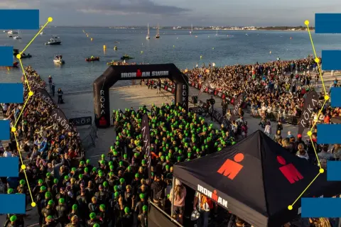 Ironman swim start line with athletes in green caps. The 70.3 vineman race is about to begin by the sea.