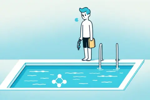 A boy stands by a pool, holding goggles and a towel, looking worried. A molecular structure floats in the water, hinting at chlorine sensitivity.