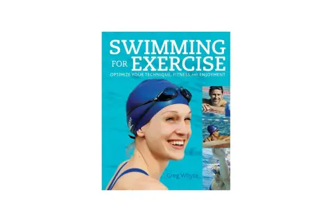 Book cover for "Swimming for Exercise" featuring a smiling woman in a swim cap and goggles. Learn how to swim for exercise and optimize your technique.